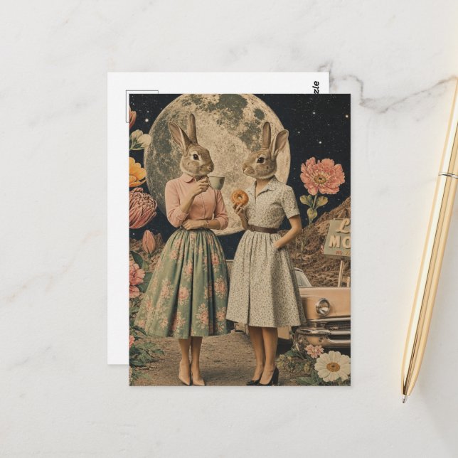 Surreal pair of rabbit ladies breakfast collage postcard (Front/Back In Situ)