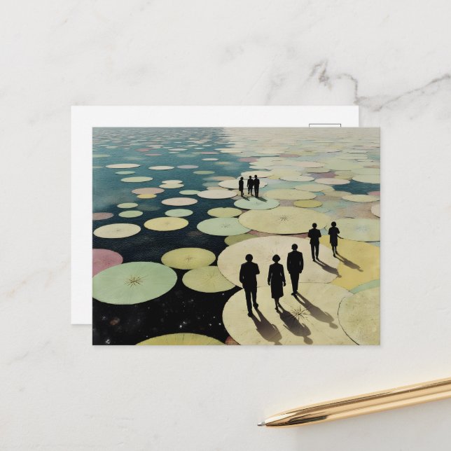 Surreal People Walking on Lily Pads Holiday Postcard (Front/Back In Situ)
