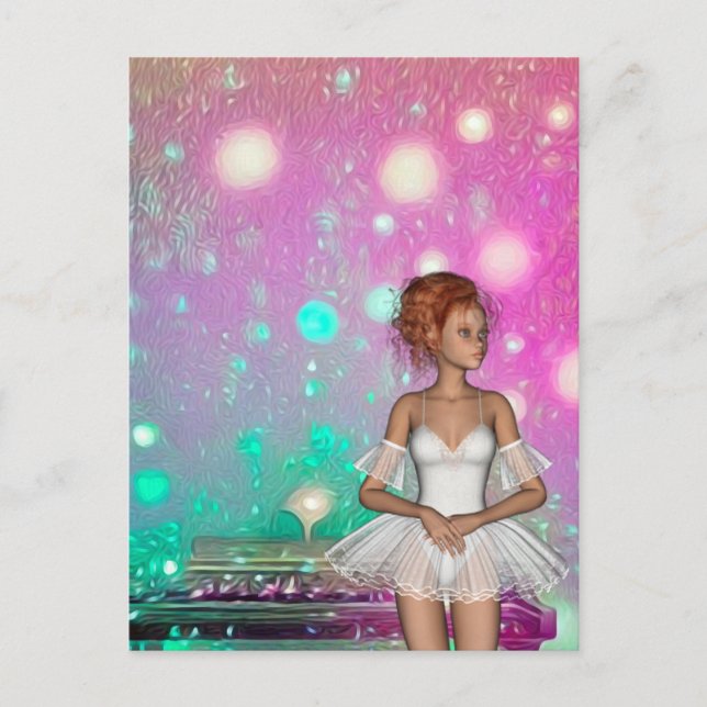 Surreal Piano Green & Pink Background & Ballerina Postcard (Front)