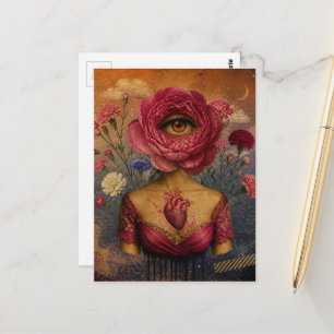 Surreal Pink Flower Lady collage Postcard