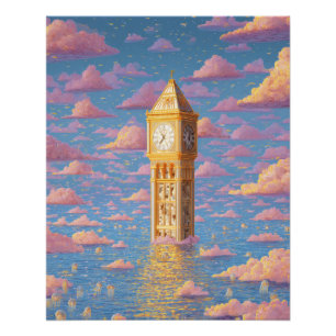 Surreal Pink Sky Dream Clock Tower Art Poster
