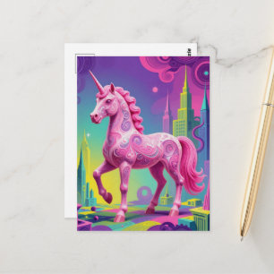 Surreal pink unicorn in a city postcard