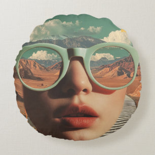 Surreal Portrait With Glasses Reflecting Desert Round Cushion