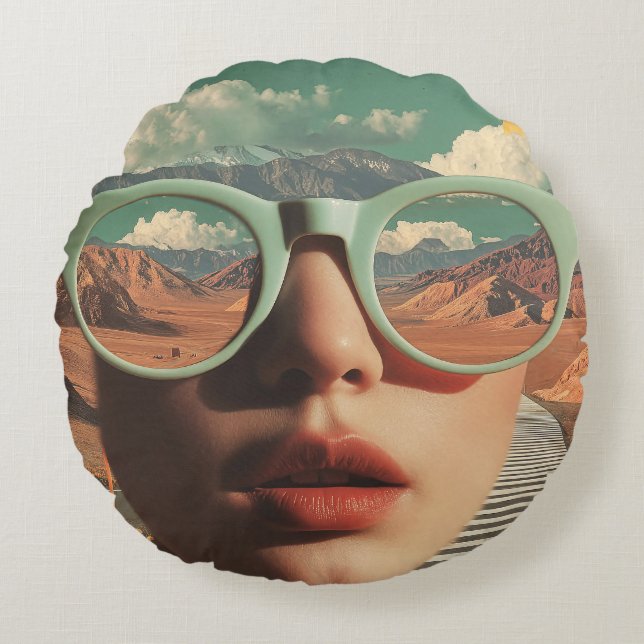 Surreal Portrait With Glasses Reflecting Desert Round Cushion (Front)
