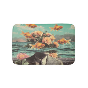 Surreal Portrait With Goldfish Flowers And Ocean Bath Mat