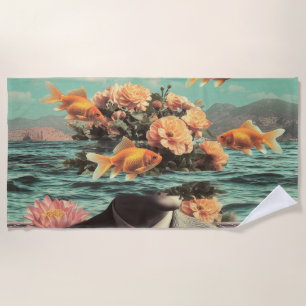 Surreal Portrait With Goldfish Flowers And Ocean Beach Towel