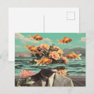 Surreal Portrait With Goldfish Flowers And Ocean Postcard