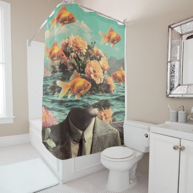 Surreal Portrait With Goldfish Flowers And Ocean Shower Curtain (In Situ)