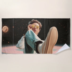 Surreal Portrait with Space Background and Planets Beach Towel