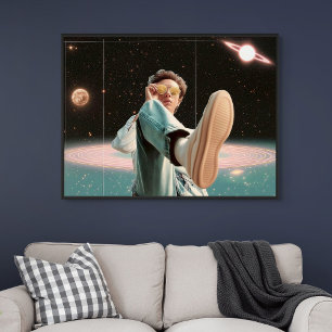 Surreal Portrait with Space Background and Planets Poster