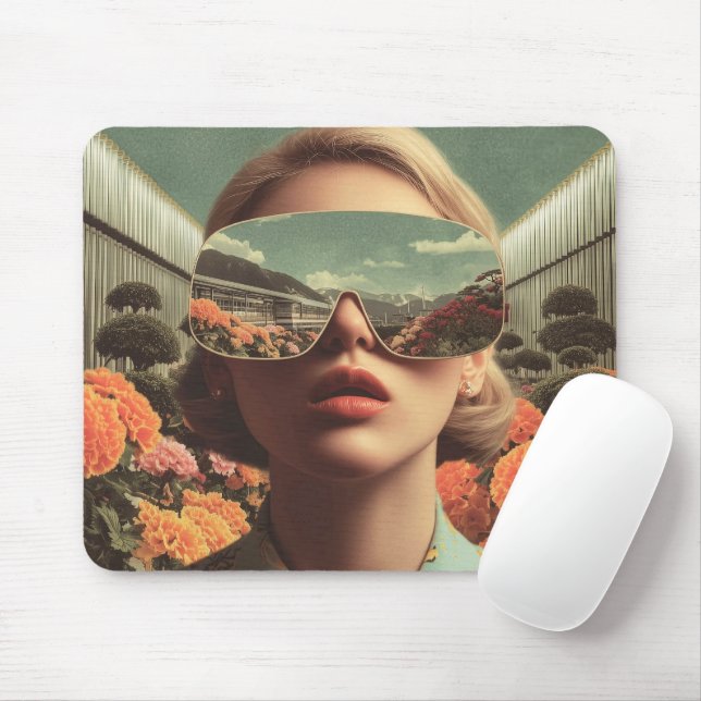 Surreal Portrait With Sunglasses Reflecting Flower Mouse Mat (With Mouse)