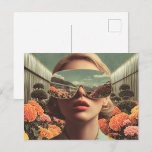 Surreal Portrait With Sunglasses Reflecting Flower Postcard