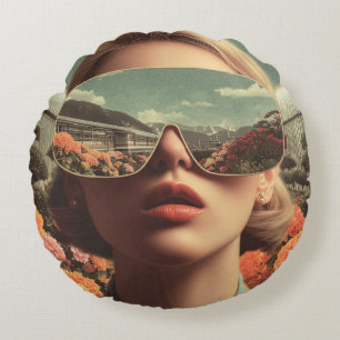 Surreal Portrait With Sunglasses Reflecting Flower Round Cushion