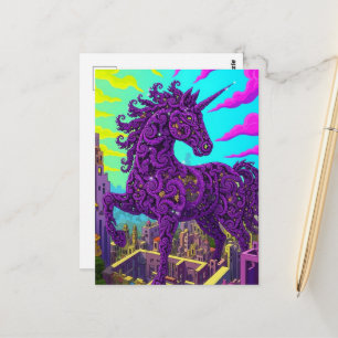 Surreal purple unicorn postcard
