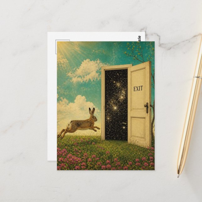 Surreal Rabbit Escapes the Exit Portal Postcard (Front/Back In Situ)