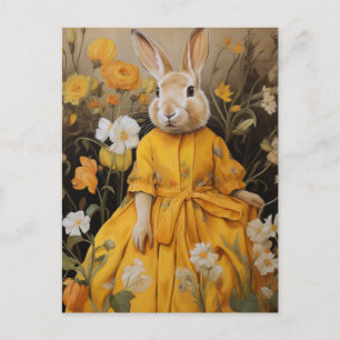 Surreal Rabbit in Yellow Dress and Flowers Postcard