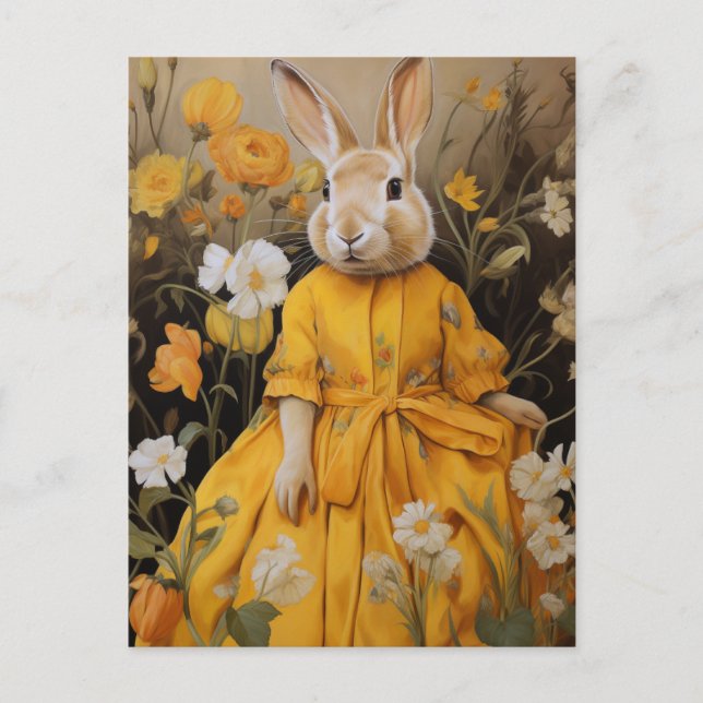 Surreal Rabbit in Yellow Dress and Flowers Postcard (Front)