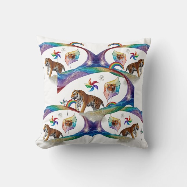 Surreal Rainbow Tiger Pinwheel Dynamic Throw  Cushion (Front)