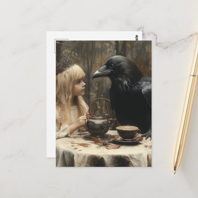 Surreal Raven and Child Fantasy Tea Party Postcard (Front/Back In Situ)