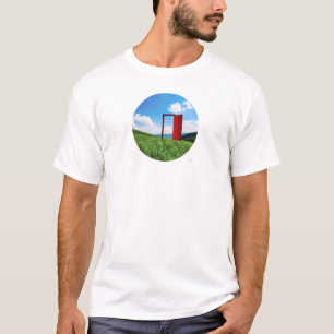 Surreal Red Door in Green Meadow Landscape T-Shirt