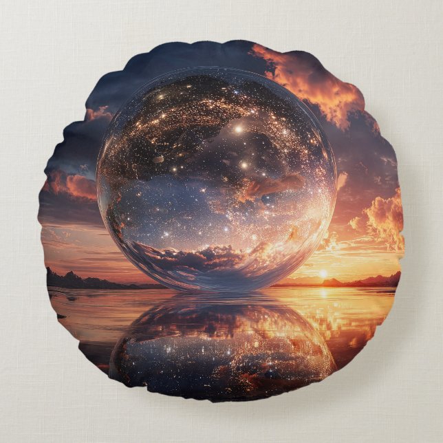 Surreal Reflective Sphere Containing Stars Round Cushion (Front)