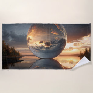 Surreal Reflective Sphere With Sunset Clouds Over  Beach Towel
