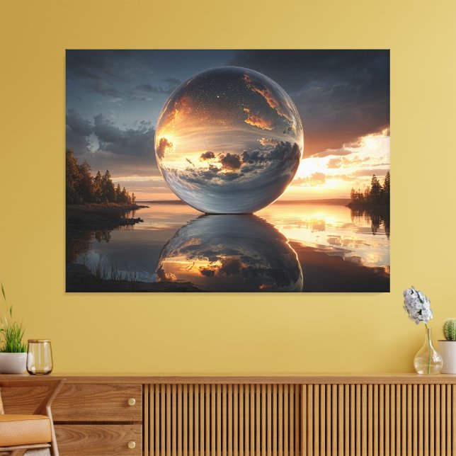 Surreal Reflective Sphere With Sunset Clouds Over  Canvas Print (Insitu(LivingRoom))