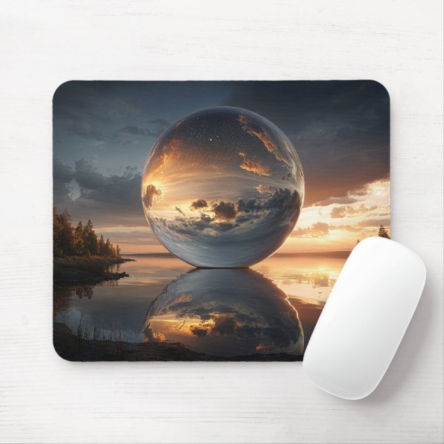 Surreal Reflective Sphere With Sunset Clouds Over  Mouse Mat (With Mouse)