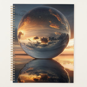 Surreal Reflective Sphere With Sunset Clouds Over  Planner