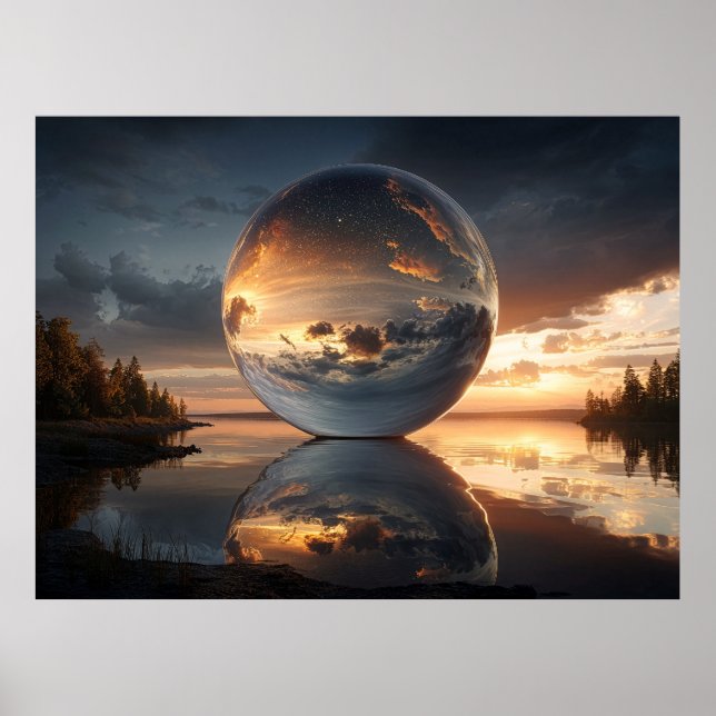 Surreal Reflective Sphere With Sunset Clouds Over  Poster (Front)