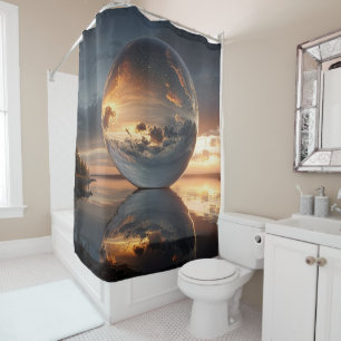 Surreal Reflective Sphere With Sunset Clouds Over  Shower Curtain