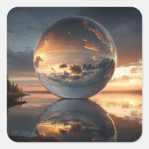 Surreal Reflective Sphere With Sunset Clouds Over  Square Sticker