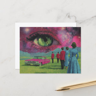 Surreal Retro People and Car with a Green Eye Postcard