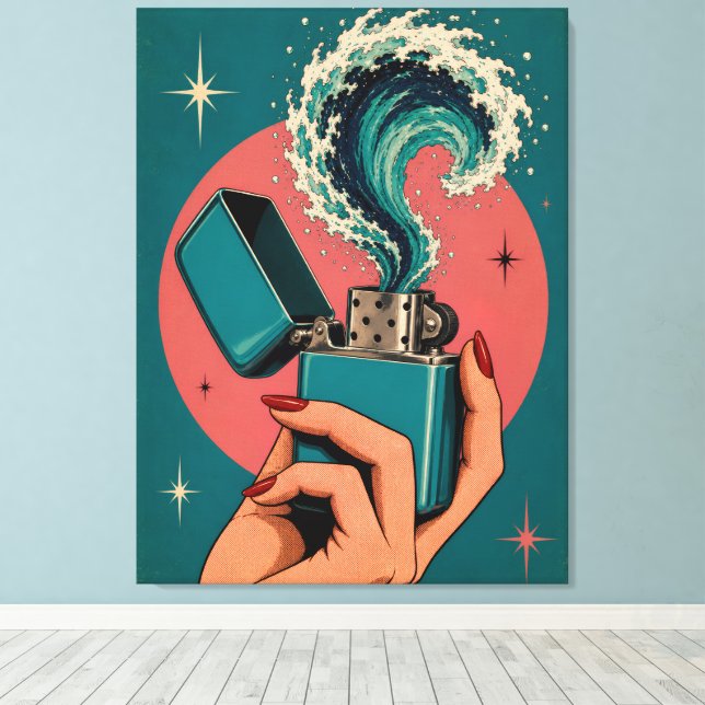Surreal Retro Pop Art Lighter with Ocean Wave Canvas Print (Insitu(Wood Floor))
