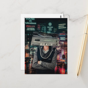 Surreal Retro Record Player Head in the City Postcard