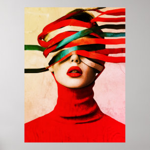 Surreal Ribbon Modern Minimalist Woman in Red Poster