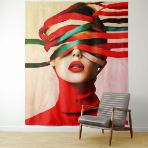 Surreal Ribbon Modern Minimalist Woman in Red Tapestry
