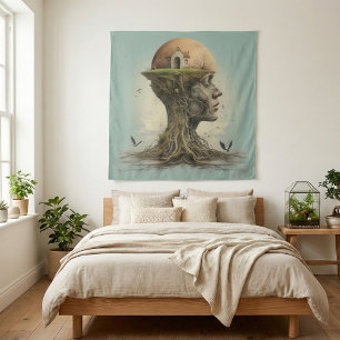 Surreal Rooted Mind House: Fantasy Head Tapestry