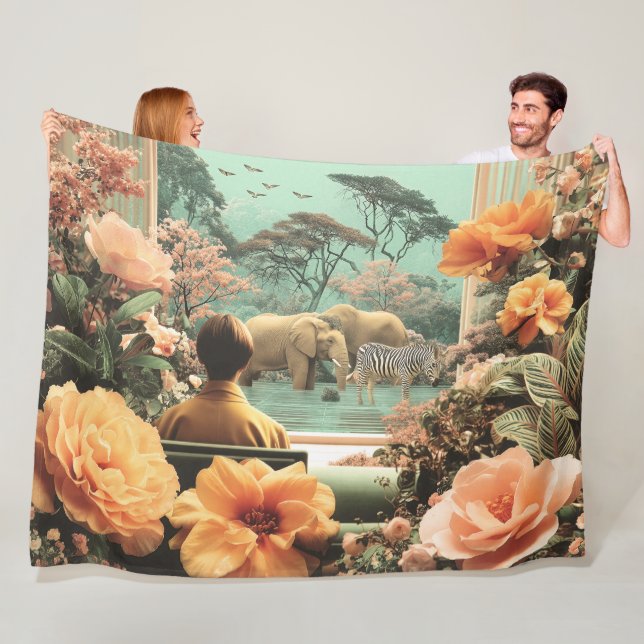 Surreal Safari Scene With Elephants Zebras Fleece Blanket (In Situ)