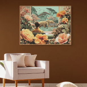 Surreal Safari Scene With Elephants Zebras Poster