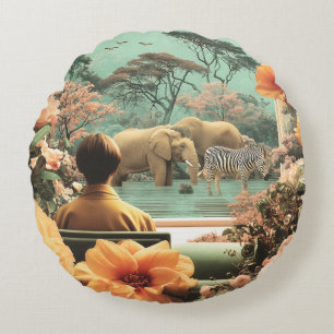 Surreal Safari Scene With Elephants Zebras Round Cushion