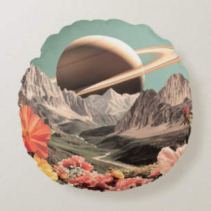 Surreal Saturn Over Mountain Valley Round Cushion