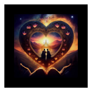 Surreal Scene With Loving Couple Resting On Heart Poster