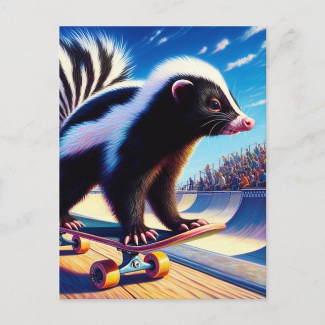 Surreal Skateboarding Skunk Postcard (Front)