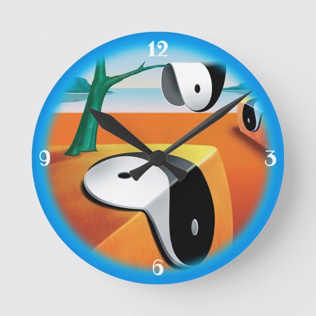 Surreal soft Yin Yang landscape. Blue border Round Clock (Front)