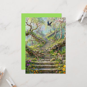 Surreal Springtime Stairway Swallows Wildflowers Card