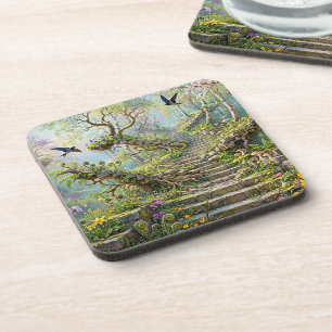 Surreal Springtime Stairway Swallows Wildflowers Coaster