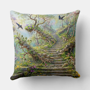Surreal Springtime Stairway Swallows Wildflowers Cushion