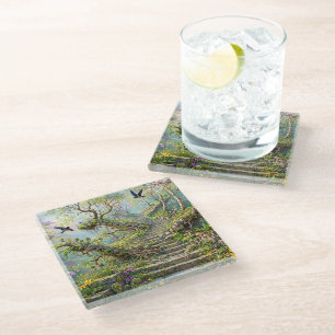 Surreal Springtime Stairway Swallows Wildflowers Glass Coaster
