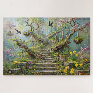 Surreal Springtime Stairway Swallows Wildflowers Jigsaw Puzzle